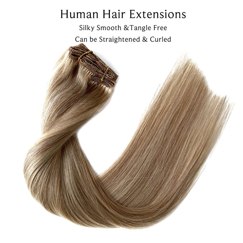 Ubetta Clip in Hair Extensions, Blonde Highlights Real Human Hair Clip ins 15 Inch Silky Straight Double Weft Remy Hair Extensions Clip on 7 Pieces 70G 2 Sets Full Head for White Women - Image 4